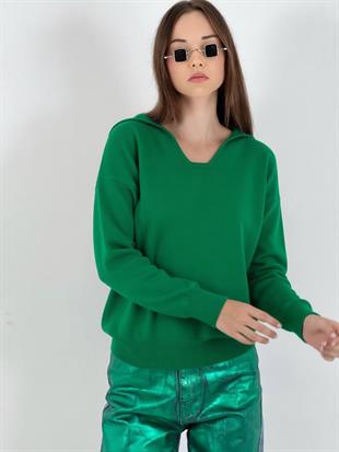 Kadın Oversize V Yaka Uzun Kışlık Yeşil Triko Kazak