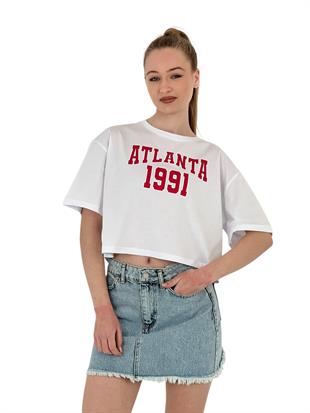 Kadın Oversize Yazı Baskılı Kısa Crop Tişört