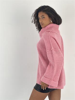 Kadın Oversize Yüksek Yaka Pembe Triko Kazak