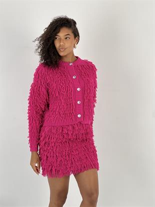 Kadın Parlak Taş Düğmeli Püsküllü Fuşya Hırka