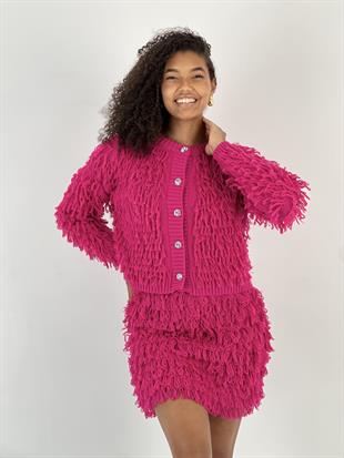 Kadın Parlak Taş Düğmeli Püsküllü Fuşya Hırka