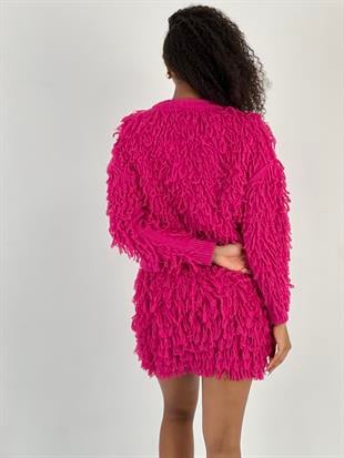 Kadın Parlak Taş Düğmeli Püsküllü Fuşya Hırka