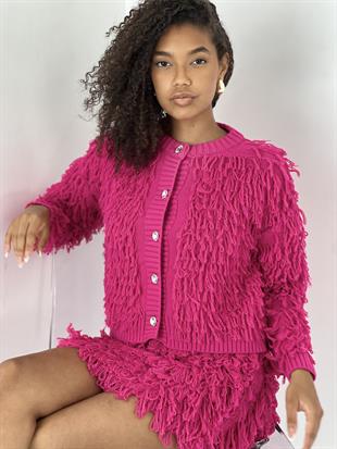 Kadın Parlak Taş Düğmeli Püsküllü Fuşya Hırka