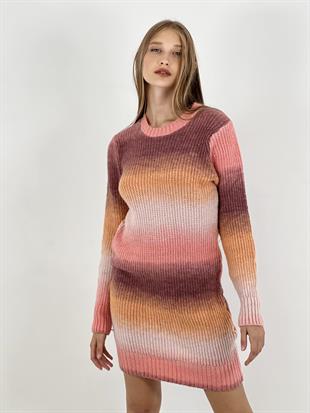 Bisiklet Yaka Fitilli Uzun Kollu Kadın Triko Elbise Pembe