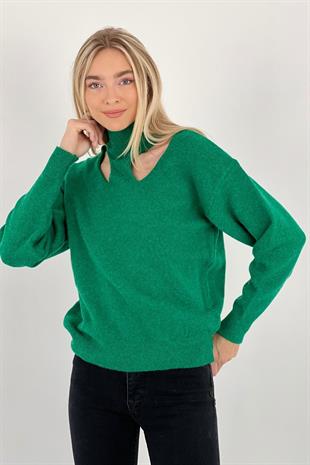 Kadın Pencere /Cut Out Detaylı Yeşil Triko Kazak