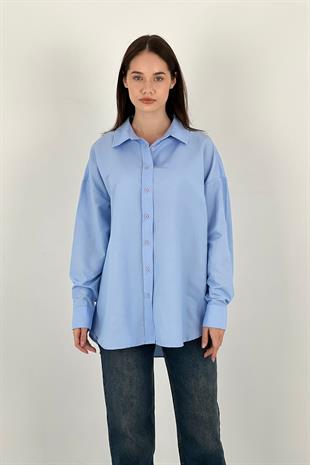 Kadın Polo Yaka Basic Oversize Uzun Kollu Pembe Gömlek