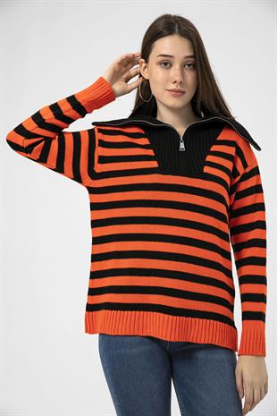 Kadın Polo Yaka Fermuarlı Turuncu Triko Kazak