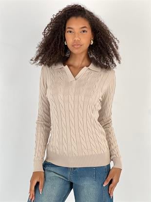 Kadın Polo Yaka Örgü Bej Triko Kazak