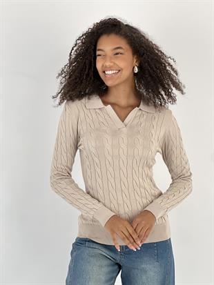 Kadın Polo Yaka Örgü Bej Triko Kazak