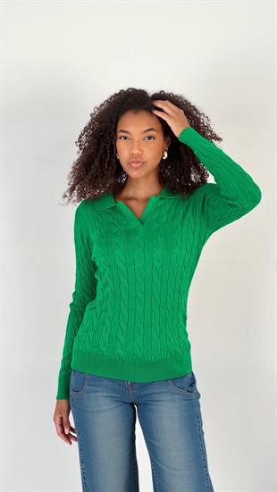 Kadın Polo Yaka Örgü Yeşil Triko Kazak