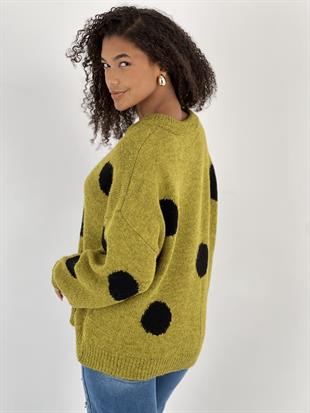 Kadın Puantiyeli Bisiklet Yaka Yeşil Triko Kazak