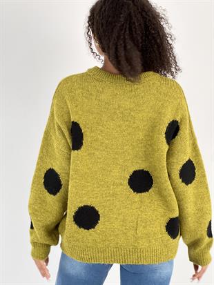 Kadın Puantiyeli Bisiklet Yaka Yeşil Triko Kazak