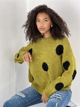 Kadın Puantiyeli Bisiklet Yaka Yeşil Triko Kazak