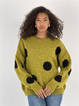 Kadın Puantiyeli Bisiklet Yaka Yeşil Triko Kazak