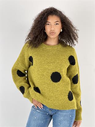 Kadın Puantiyeli Bisiklet Yaka Yeşil Triko Kazak