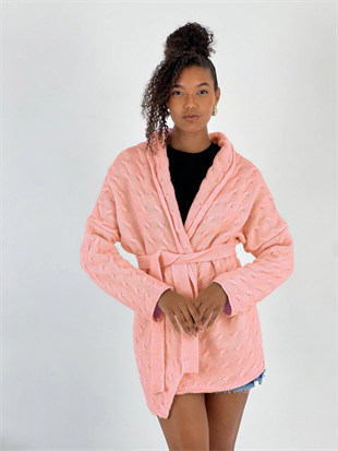 Kadın Pudra Belden Bağlamalı Örgü Triko Hırka