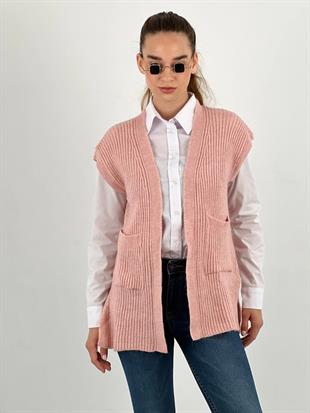 Kadın Pudra Düğmesiz Cepli Uzun Triko Hırka