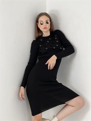 Kadın Pul Detaylı Handmade Triko Elbise Siyah