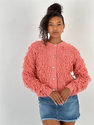 Kadın Püskül Detaylı Düğmeli Somon Hırka