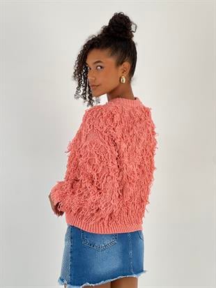 Kadın Püskül Detaylı Düğmeli Somon Hırka