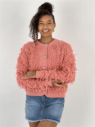 Kadın Püskül Detaylı Düğmeli Somon Hırka