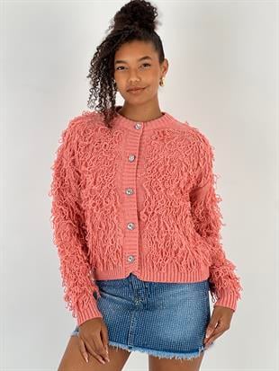 Kadın Püskül Detaylı Düğmeli Somon Hırka