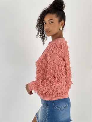 Kadın Püskül Detaylı Düğmeli Somon Hırka