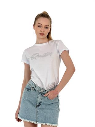 Kadın Queen Taşlı Kısa Kol Yazlık Dar Beyaz Tişört