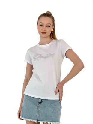Kadın Queen Taşlı Kısa Kol Yazlık Dar Beyaz Tişört