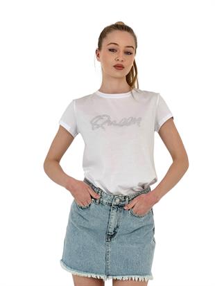 Kadın Queen Taşlı Kısa Kol Yazlık Dar Beyaz Tişört