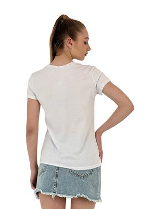 Kadın Queen Taşlı Kısa Kol Yazlık Dar Beyaz Tişört