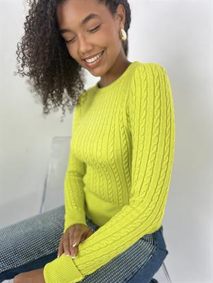 Kadın Saç Örgü Desenli Bisiklet Yaka Yeşil Kazak