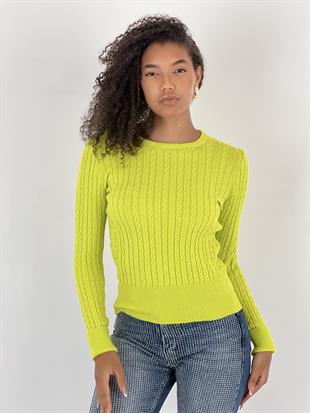 Kadın Saç Örgü Desenli Bisiklet Yaka Yeşil Kazak