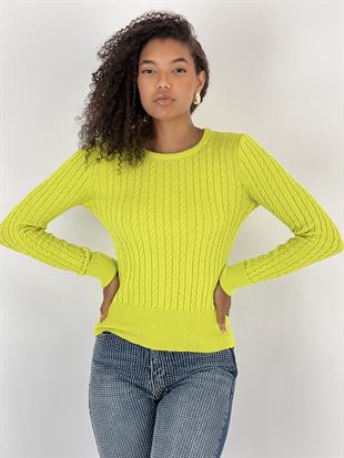 Kadın Saç Örgü Desenli Bisiklet Yaka Yeşil Kazak