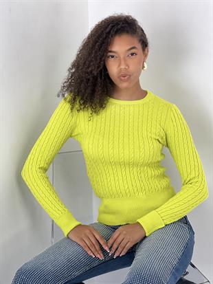 Kadın Saç Örgü Desenli Bisiklet Yaka Yeşil Kazak