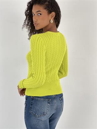 Kadın Saç Örgü Desenli Bisiklet Yaka Yeşil Kazak