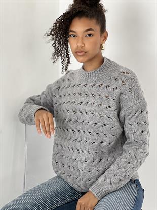 Kadın Saç Örgü Desenli Gri Triko Kazak