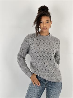 Kadın Saç Örgü Desenli Gri Triko Kazak