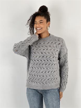 Kadın Saç Örgü Desenli Gri Triko Kazak