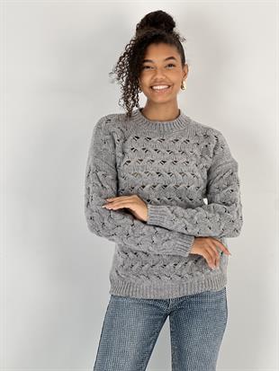 Kadın Saç Örgü Desenli Gri Triko Kazak