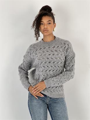 Kadın Saç Örgü Desenli Gri Triko Kazak