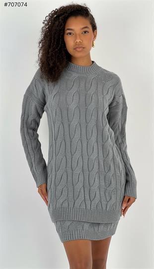 Kadın Saç Örgü Desenli Örme Antrasit Tunik Etek Takımı