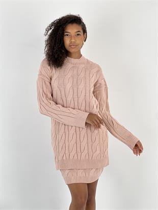 Kadın Saç Örgü Desenli Örme Pudra Tunik Etek Takımı