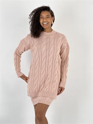 Kadın Saç Örgü Desenli Örme Pudra Tunik Etek Takımı