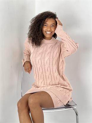 Kadın Saç Örgü Desenli Örme Pudra Tunik Etek Takımı