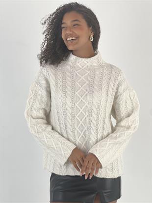 Kadın Saç Örgü Desenli Yüksek Yaka Ekru Triko Kazak