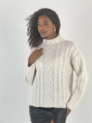 Kadın Saç Örgü Desenli Yüksek Yaka Ekru Triko Kazak