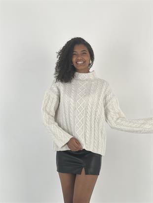 Kadın Saç Örgü Desenli Yüksek Yaka Ekru Triko Kazak