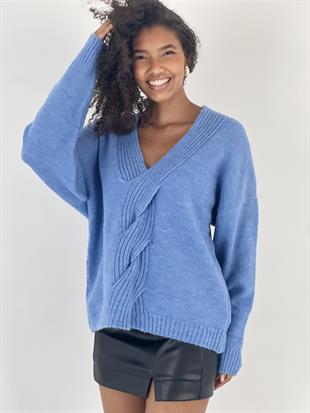 Kadın Saç Örgü Detaylı V Yaka Mavi Triko