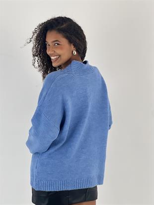 Kadın Saç Örgü Detaylı V Yaka Mavi Triko